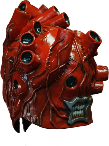 Vista 4 de VZQI Máscara de terror de corazón para adultos, disfraz de anime de látex Máscara de látex roja en forma de corazón para adultos con un rango