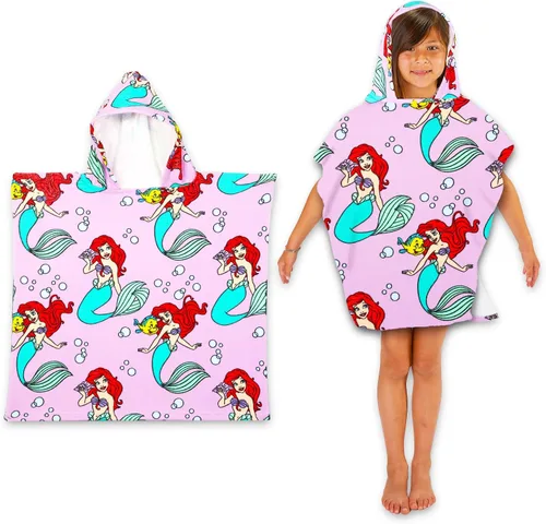 Vista 3 de Disney Juego de toallas con capucha de La Sirenita para niños y niñas, paquete de poncho de toalla de baño de La Sirenita con calcomanías y más