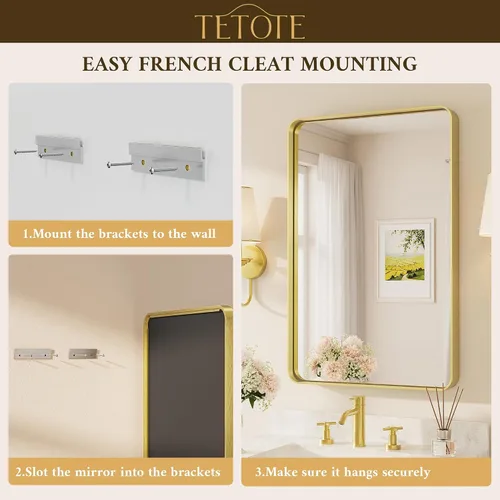 Vista 7 de Espejo de marco dorado cepillado de 16 x 24 pulgadas, espejo de tocador de baño de latón dorado para pared, espejo enmarcado rectangular de esquina