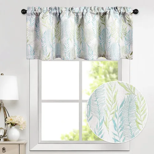 Vista 2 de Cortinas de cenefa con bolsillo para barra, cortina reductora de vista verde y azul para puerta francesa, 1 panel decorativo sólido para ventana