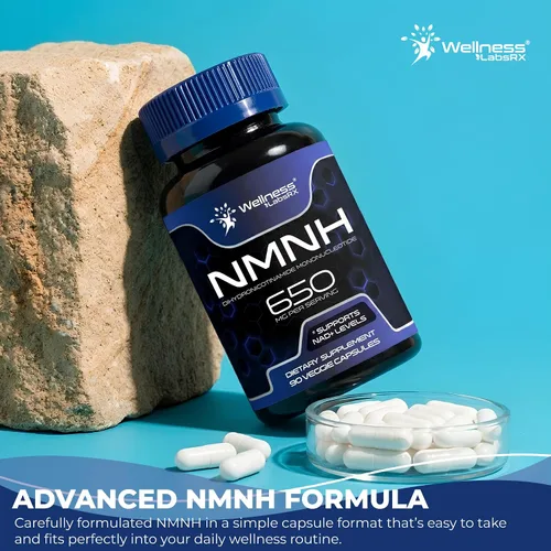 Vista 5 de WELLNESS LABSRX NMNH 650 mg por porción - Mononucleótido de dihidronicinamida - Apoya los niveles de NAD+ - 90 cápsulas vegetales - Suministro