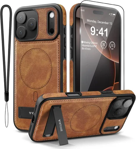 Vista 15 de WTCASE Funda magnética de piel para iPhone 17 Pro, soporte invisible integrado [compatible con Magsafe], funda protectora delgada con función atril