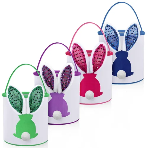 Vista 10 de Honeydak 4 cestas de Pascua para niños, bolsas de caza de huevos de Pascua, bolsas de lona de regalo, cubos de huevos con asas para caza de huevos