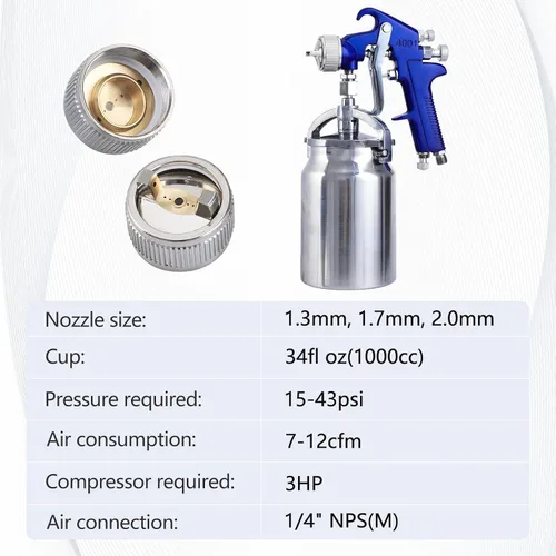 Vista 4 de B4B BANG 4 BUCK Pistola pulverizadora profesional de alimentación por sifón HVLP, taza de capacidad de 1000 cc con boquillas de 0.051 in, 0.067 in