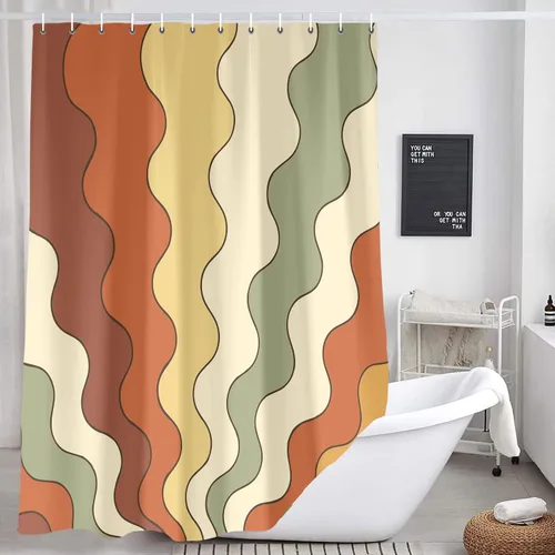 Vista 11 de Neutral Muted Earth Tone Wavy Shower Curtain Mid Century Modern Sage Taupe Blush Abstract Boho Bathroom Curtain Set with Hooks 36x72 Inch
