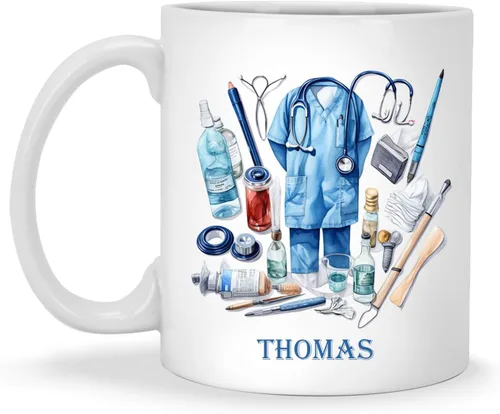 Vista 19 de Enfermera con equipos médicos Tazas de café, Taza de cerámica de enfermería con nombre personalizado, Taza de café asistente médica, Regalo