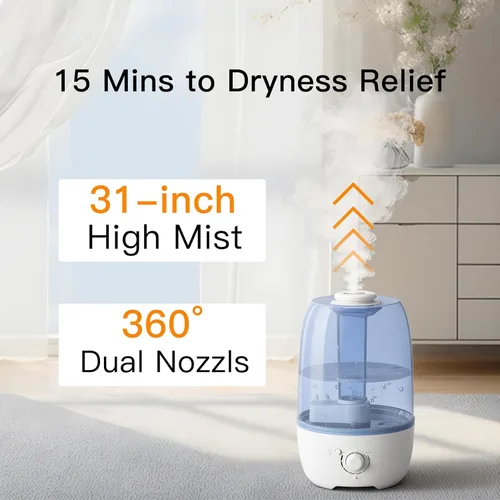 Vista 3 de MEGAWISE Humidificador para dormitorio infantil con gran capacidad de 3.2L, diseño sin fugas, salida de niebla fina, apagado automático, tanque Azul
