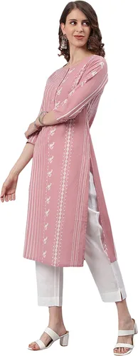 Vista 4 de Janasya Kurta de algodón estampado malva para mujer