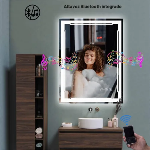 Vista 5 de Espejo de baño LED de 24 x 32 pulgadas con luces, altavoz Bluetooth integrado, antivaho regulable, 3 ajustes de luces retroiluminados + iluminación