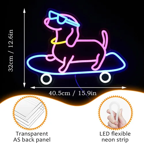 Vista 3 de Letrero de neón para perro monopatín regulable divertido Dachshund Skateboarding LED luz de neón decoración de pared para dormitorio, bar, sala