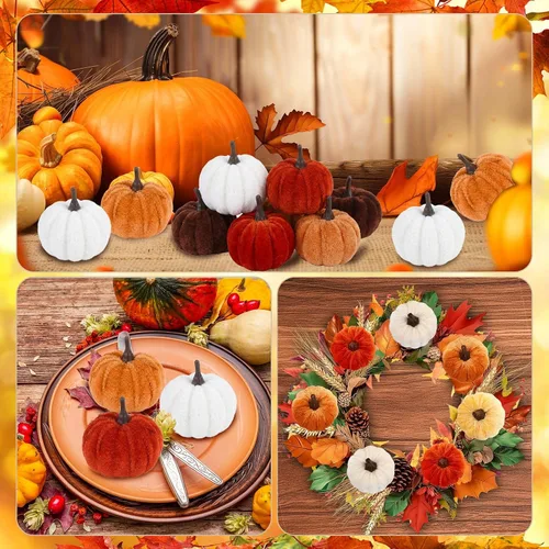 Vista 7 de 16 PCS Fall Autumn Artificial Velvet Pumpkins Mini Faux Pumpkins