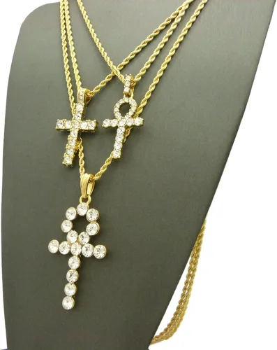 Vista 7 de Iced Out Breath of Life Ankh, colgante de cruz de 24.0in, 30 pulgadas, cadena de cuerda de 3 collar en tono dorado