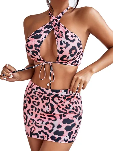 Vista 5 de FlatterMe Conjunto de 3 conjuntos de lencería con estampado de leopardo para mujer, conjunto de disfraz de animal con lazo en la espalda