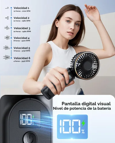 Vista 5 de TUNISE Ventilador de Mano Portátil Recargable, Ventilador Portátil de 4000mAh, Ajustable 180°, 6 Velocidades de Viento, Pantalla de Electricidad