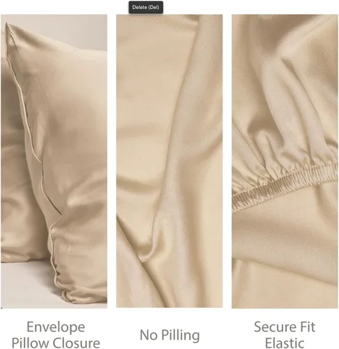 Vista 5 de Threadmill Juego de sábanas de rayón de bambú para cama de tamaño matrimonial, 4 piezas refrescantes color beige, suaves como la seda, ligeras