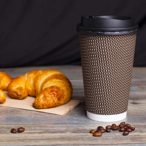 Vista 6 de Promora Tazas de café desechables marrones con tapas de 16 onzas, tazas de papel onduladas de papel aislado premium para café caliente