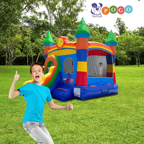 Vista 6 de Pogo Bounce House Crossover inflable con tobogán sin soplador, arcoíris sonriente 18 x 12 x 14.5 Foot Bounce House Combo Waterslide with