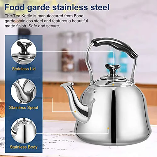 Vista 2 de Hervidor de té silbante de acero inoxidable para estufa, tetera de 2 cuartos de galón de ebullición rápida con mango plegable de tacto frío