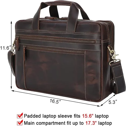 Vista 7 de TIDING Maletín de cuero genuino de 17 pulgadas para portátil de mensajero para hombres de negocios de viaje bolsa de hombro