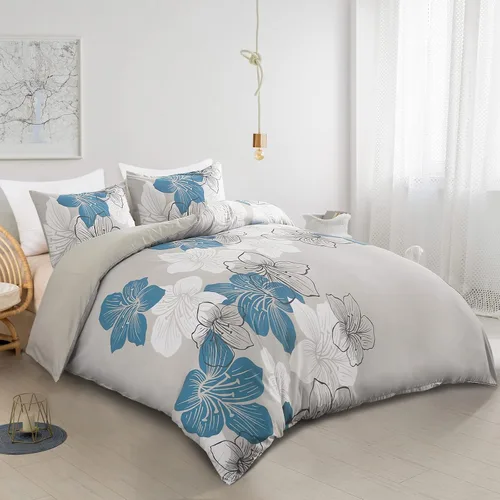 Vista 2 de DJY Juego de funda de edredón de 3 piezas, tamaño Queen, funda de edredón con patrón floral azul, elegante funda de edredón con 2 fundas de Flor azul