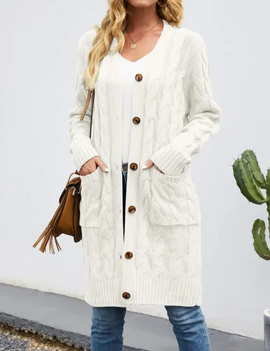 Vista 8 de MEROKEETY - Cárdigan largo de punto trenzado para mujer, suéter tejido de manga larga, abierto por delante y con botones, ropa para exteriores