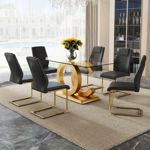 Vista 8 de Ebullient - Juego de mesa de comedor de vidrio para 4, juego de mesa y sillas de 5 piezas, mesa de comedor rectangular moderna con tapa de vidrio