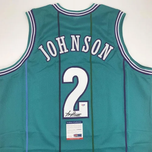 Vista 2 de Camiseta de baloncesto azul marino Charlotte Larry Johnson firmada por PSA/DNA COA