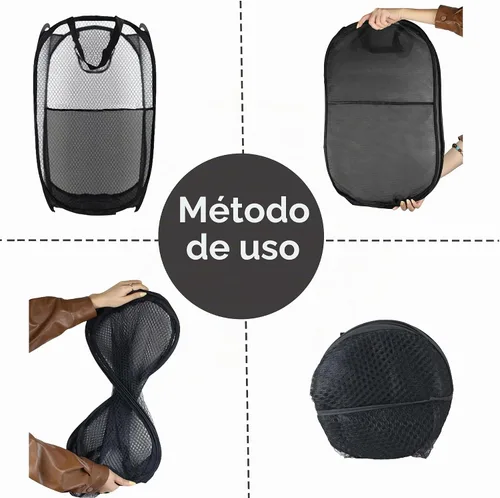 Vista 3 de Cesto de Ropa Plegable Pop Up, Cesta de Ropa de Malla Plegable Extra Grande, 28" x 16" x 16" (Negro)
