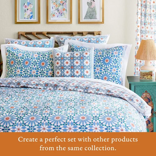 Vista 5 de Saffron Marigold Cortina de cenefa impresa a mano con ribete de cuentas, mosaique azul cielo principal, perfecta para cocina, dormitorio, baño