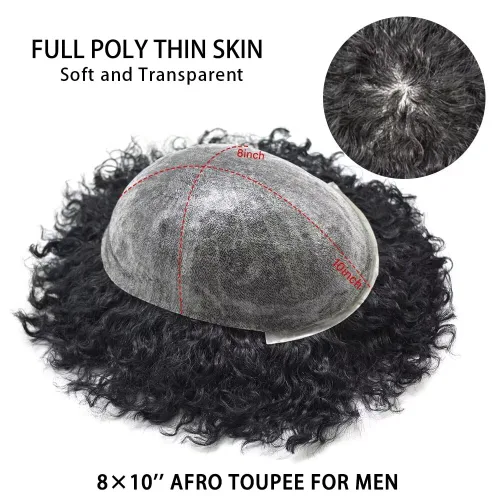 Vista 5 de Afro Toupee para hombres negros, rizado afro ondulado, postizo masculino, piel fina, PU negro, para hombre, tupé, reemplazo de cabello humano