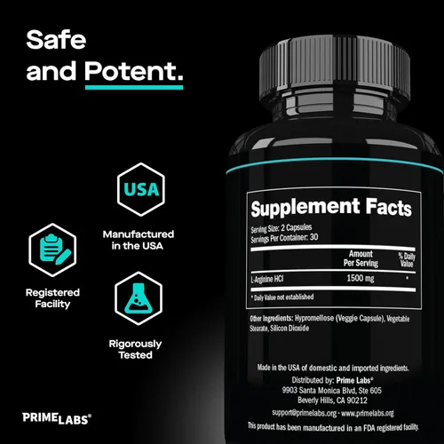 Vista 6 de Prime Labs L-arginina 1500mg - Suplemento de óxido nítrico - Flujo sanguíneo, energía, fuerza, resistencia - 60