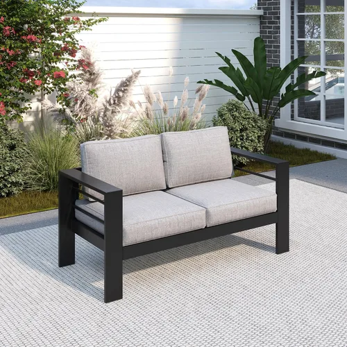 Vista 15 de Solaste Sofá de aluminio para patio con mesa auxiliar, juego de 3 muebles de patio con cojines, sofá de exterior para todo tipo de clima
