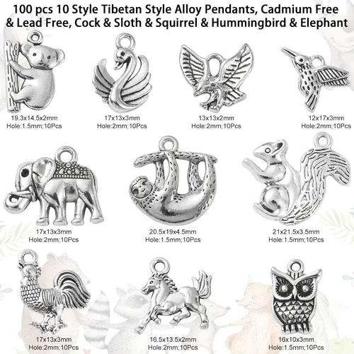 Vista 2 de Ipotkit - Dijes de animales tibetanos – 100 piezas de aleación de ardilla, perezoso, caballo, pájaro, elefante, koala, pavo real, animales salvajes