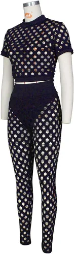Vista 5 de Ophestin Conjunto sexy de 2 piezas para mujer conjunto de pantalones ajustados con parte superior hueca