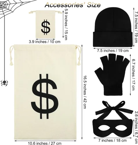 Vista 3 de SOMSOC Conjunto de disfraz de ladrón de Halloween para adultos, camiseta gorra, bolsa de dinero, guantes de máscara de ojos para Halloween, fiesta