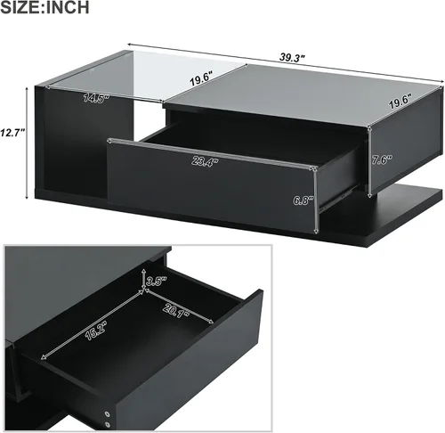Vista 2 de Mesa de centro moderna con almacenamiento, mesa de cóctel de madera con superficie UV de alto brillo, mesas de centro rectangulares de 2 niveles