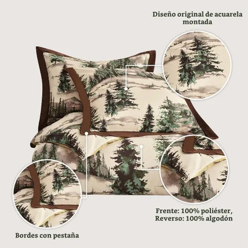Vista 4 de Paseo Road Cabin Bedding Joshua - Juego de edredón de 3 piezas con fundas de almohada, ropa de cama de bosque Queen, juego de edredón de pinos