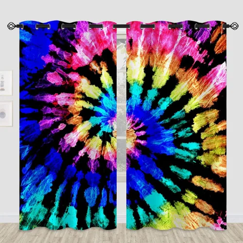 Vista 12 de America - Cortinas opacas de teñido anudado para niñas y niños, decoración del hogar, hippie, rojo, azul, abstracto, con ojales en espiral, cortinas