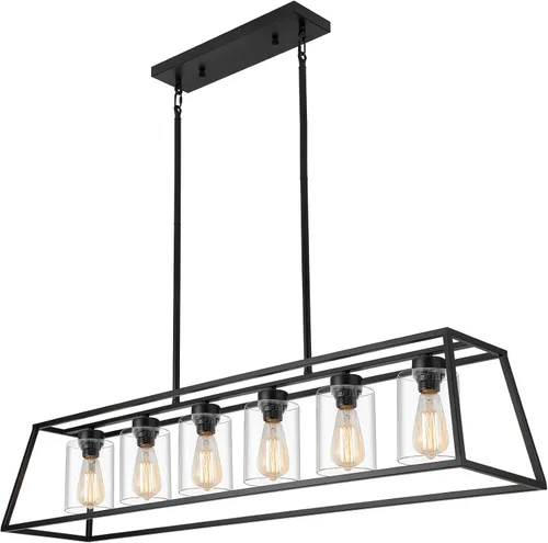 Vista 11 de Candelabros negros de granja para comedor, lámpara rústica de isla de cocina, lámpara colgante lineal de 4 luces, isla de cocina con pantalla