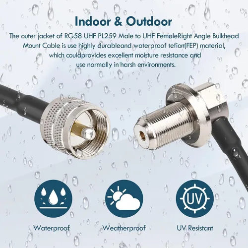 Vista 3 de MOOKEERF RG58 UHF PL259 macho a SO239 hembra de ángulo recto Cable coaxial de montaje en mamparo – Extensión de antena CB de 6 pies para vehículo