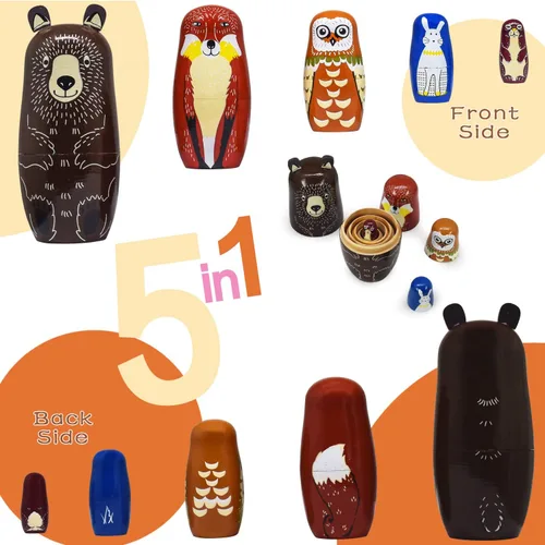 Vista 3 de GRPSKCOS Muñecas rusas de anidación de animales de oso Matryoshka, lindos juguetes de madera hechos a mano, juego de 5 para niños (01 oso)