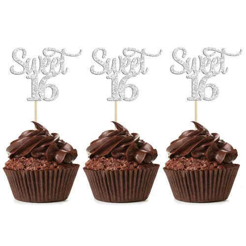 Vista 14 de Gyufise 1 decoración para tartas de 16 años con purpurina negra para cumpleaños de 16 años, decoración para felicitaciones a 16 años de edad
