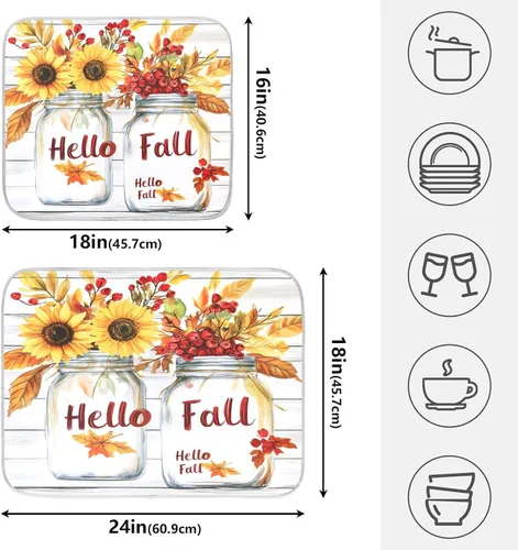 Vista 2 de Tapete de secado de platos de hojas de otoño y girasol, almohadilla absorbente de secado rápido, protector para encimera de cocina, 16 x 18 pulgadas