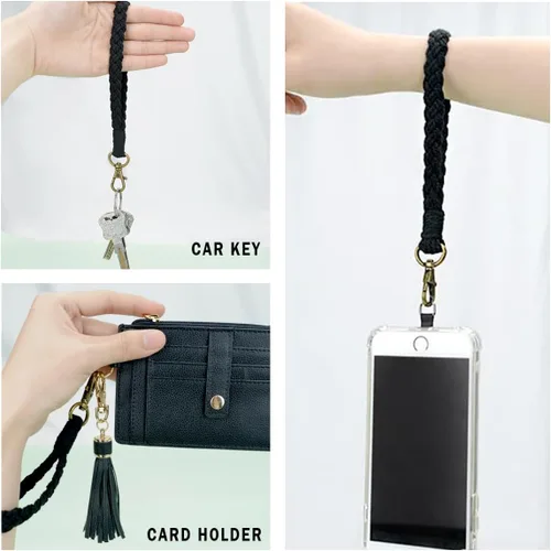 Vista 5 de Correa de muñeca para teléfono estilo boho macramé, cordón para teléfono celular con pestaña de anclaje, llavero con dije para muñeca, cadena