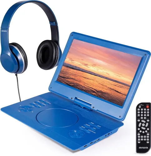 Vista 7 de Aiwa - 14" Portable Media Player Travel Kit, DVD & CD Player Portable with Swiveling Screen, Built-in Stereo Speakers, HDMI Input, Remote Black