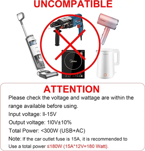 Vista 8 de Inversor de corriente de 300 W, adaptador de enchufe de coche de 12 V CC a 110 V CA, adaptador de enchufe de automóvil a enchufe de pared