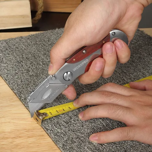 Vista 8 de WORKPRO - Cuchillo de uso de cambio rápido, mango de madera estilo retro, cuchillo plegable con clip