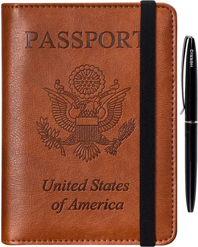 Vista 9 de HERRIAT - Portapasaportes de cuero auténtico, con bloqueo RFID para viaje, con compartimento para documentos de identificación, billetera de viaje