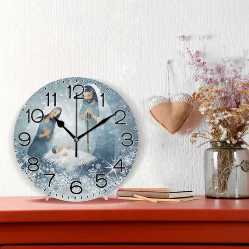 Vista 2 de Holy Family Nativity - Reloj de pared religioso de Navidad, funciona con pilas, sin tictac, silencioso, de cuarzo, analógico, rústico, rústico