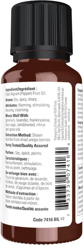 Vista 2 de NOW Aceites esenciales, aceite de pimienta negra, aroma picante de aromaterapia, destilado al vapor, 100% puro, vegano, tapa resistente a los niños